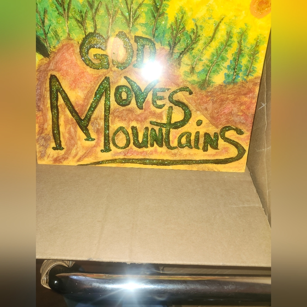 Hand Crafted God Moves Mountains Wall Art - Green, Yellow, Brown